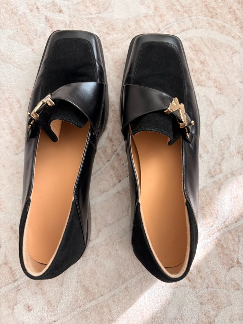 Black leather and suede loafers with butterfly detail in 6.5